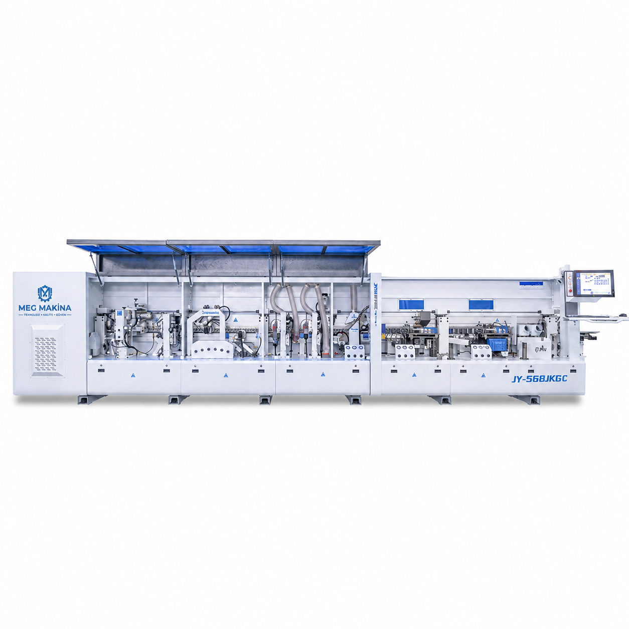 JY-568JKGC Automatic Edge Banding Machine with Pre-milling, Double Trimming, Double Glue Pot and Chamfering